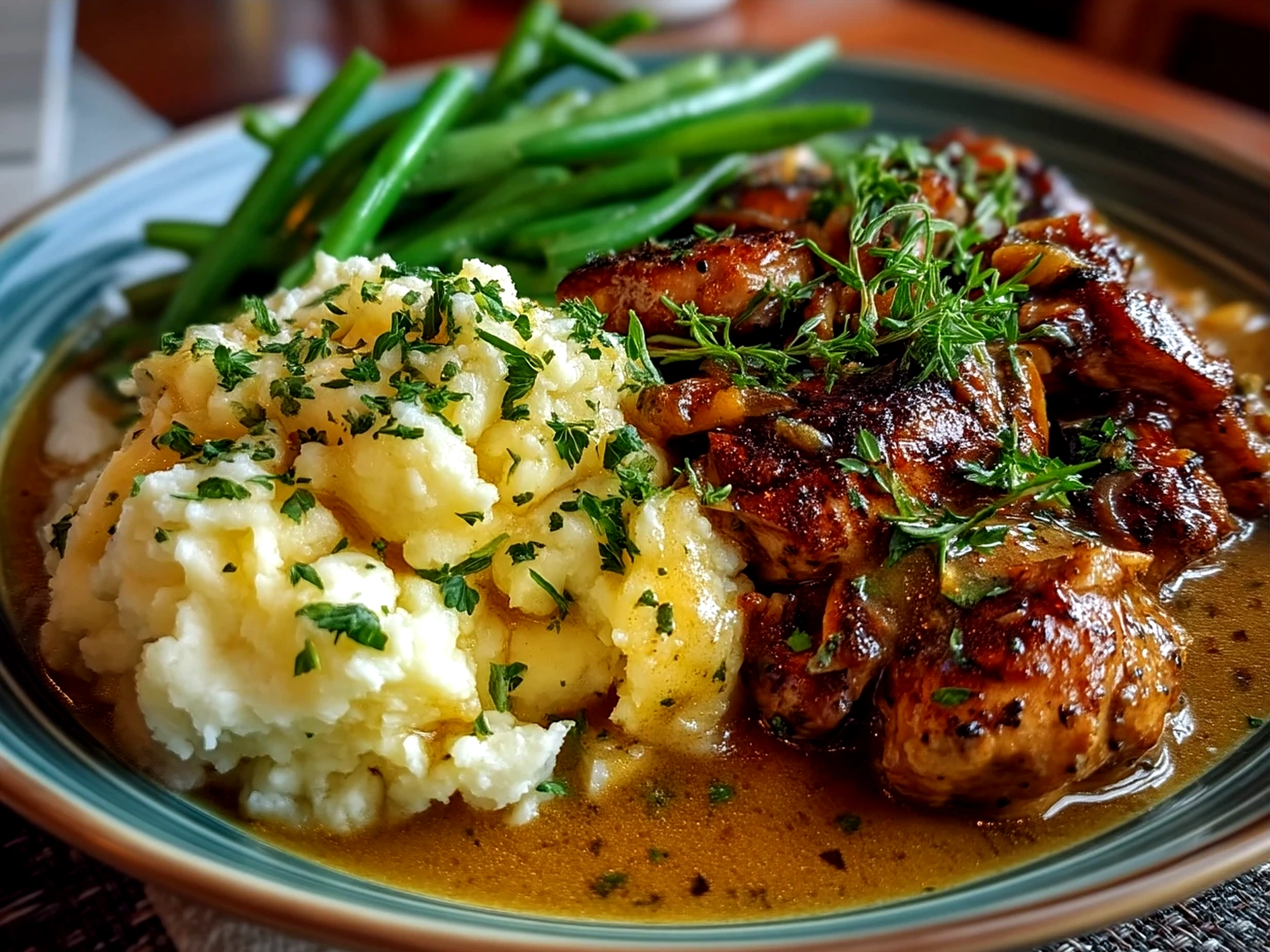 Served Crockpot Chicken Gravy with sliced chicken over mashed potatoes