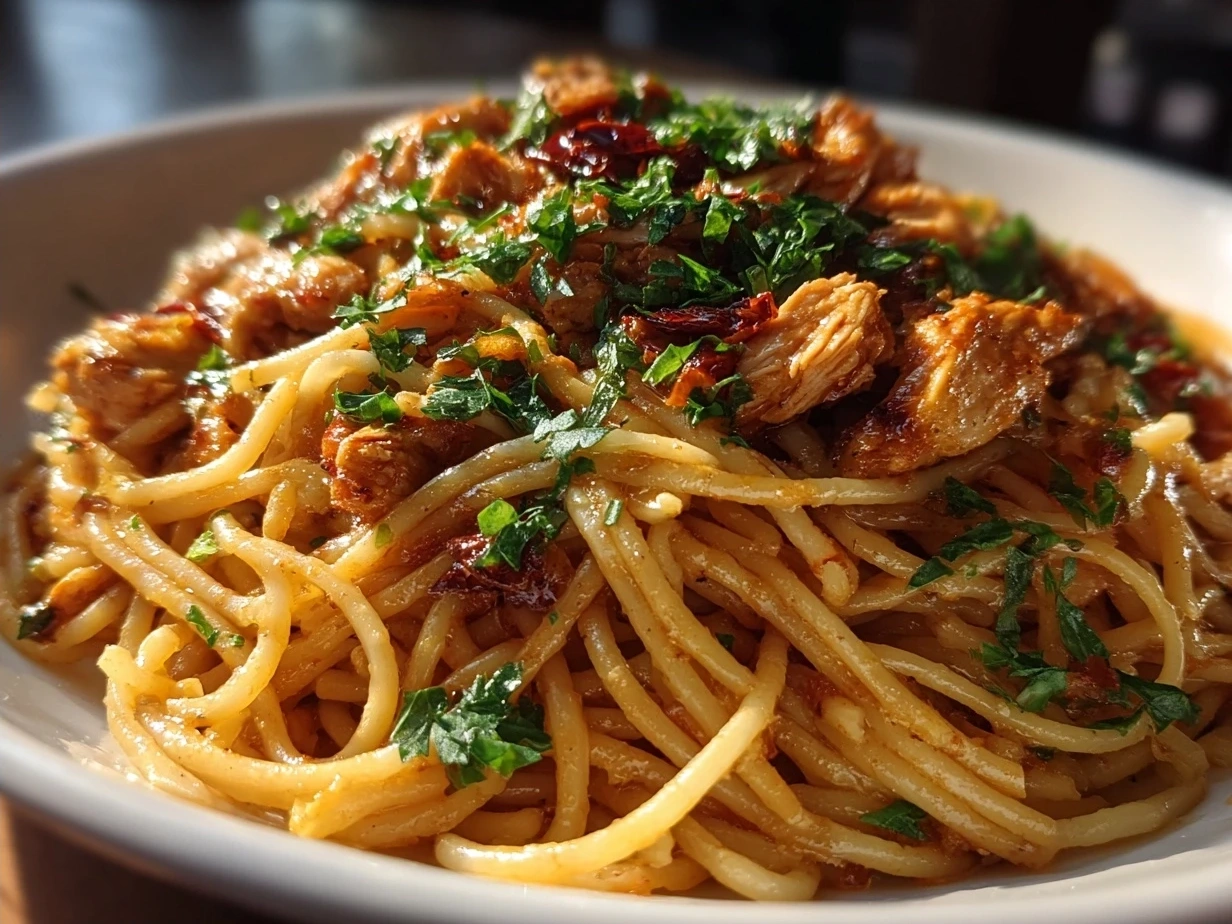 Creamy Crockpot Chicken Spaghetti served in a deep casserole dish garnished with fresh parsley
