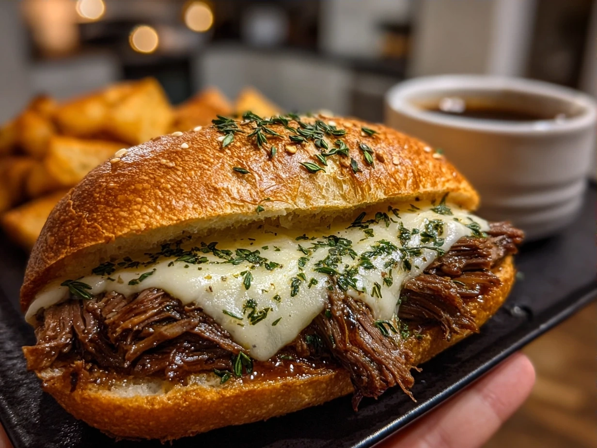 Serving Crockpot French Dip Sandwiches with au jus