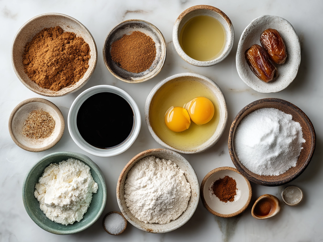 Ingredients for Date Brownies including dates, almond flour, cocoa powder, coconut oil, and spices