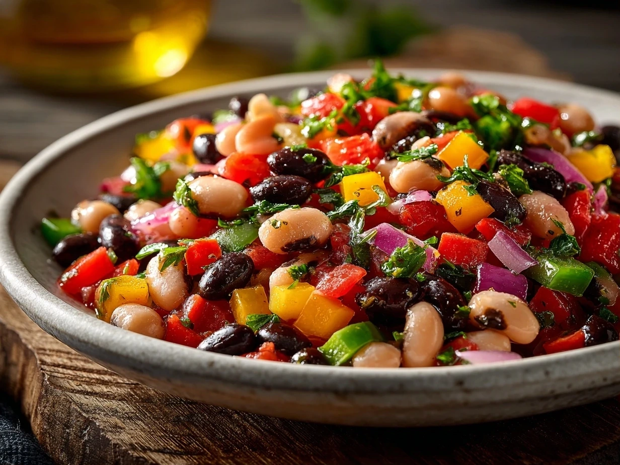 A colorful bowl of Texas Caviar with tortilla chips ready to be served.