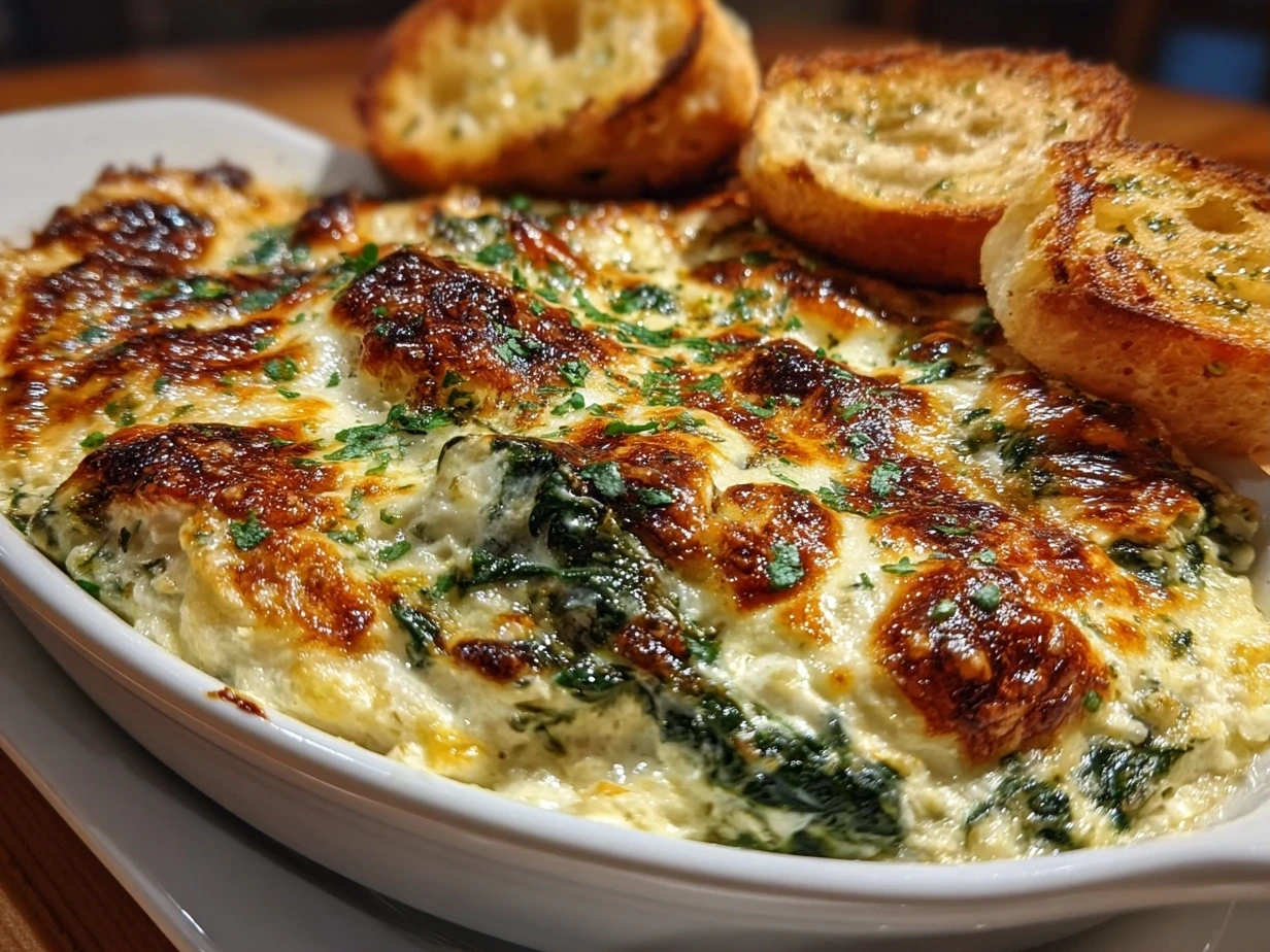 Delicious finished jalapeño spinach artichoke dip fresh out of the oven, bubbling and golden brown