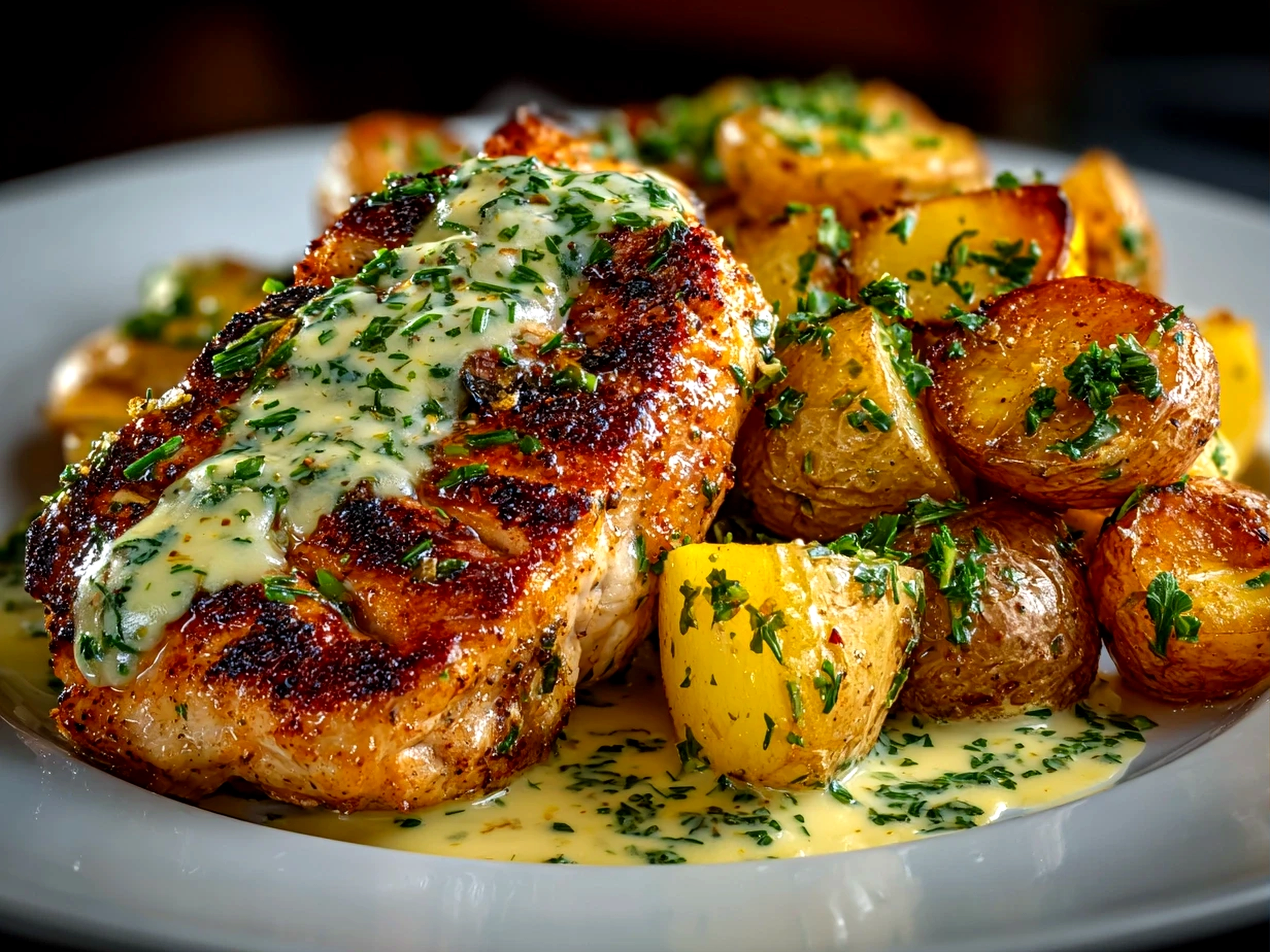 Delicious home-cooked chicken and potatoes with Dijon sauce