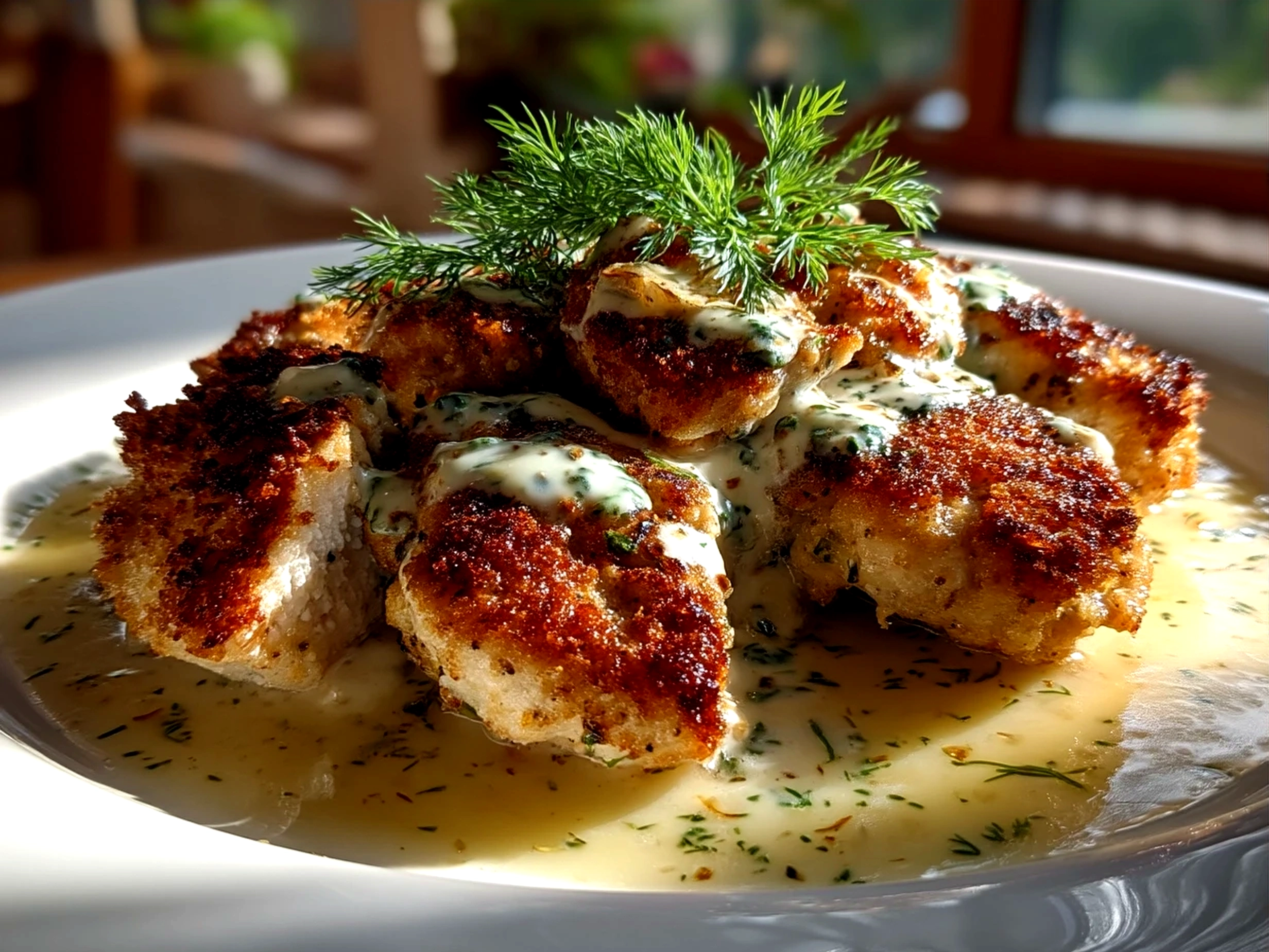 Plated Dill Pickle Parmesan Chicken served with mashed potatoes and green beans