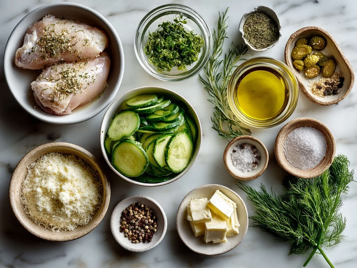 Ingredients for Dill Pickle Parmesan Chicken including chicken breasts, dill pickle juice, Parmesan cheese, and spices