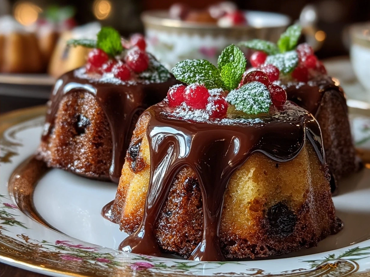 Final presentation of Festive Mini Christmas Cakes with Ganache on a festive table