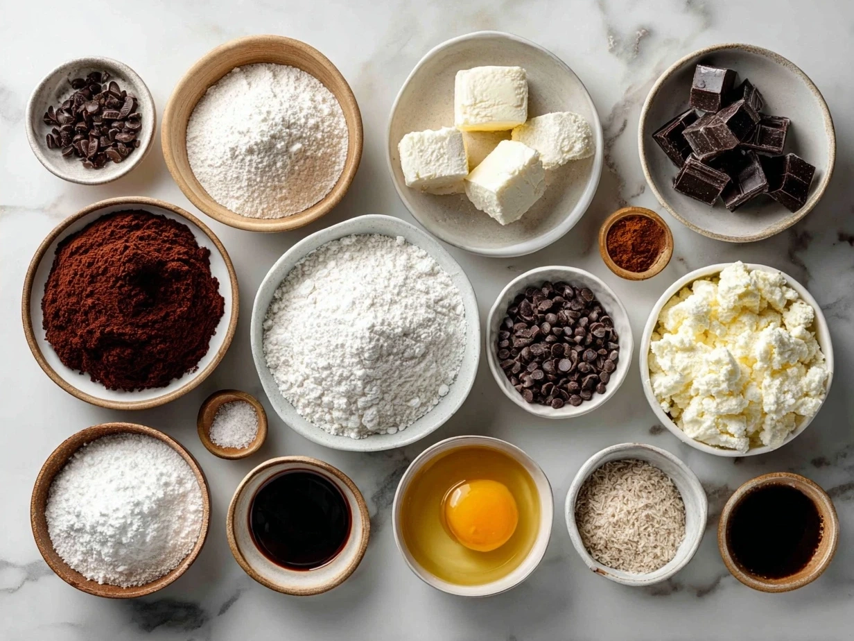 Ingredients for Festive Mini Christmas Cakes with Ganache including spices, dried fruits, nuts, and chocolate