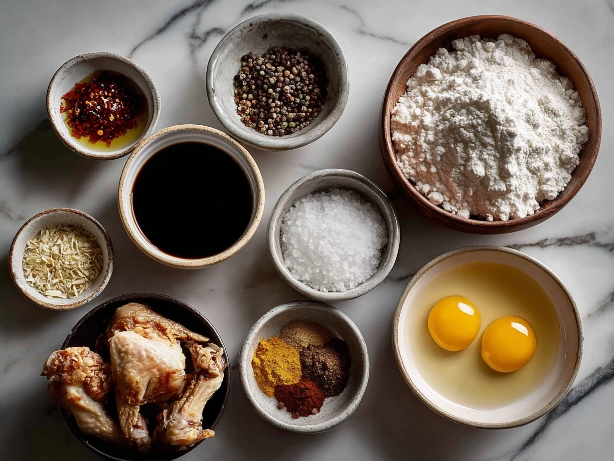 Ingredients for Filipino Chicken Adobo including chicken, vinegar, soy sauce, garlic, and spices