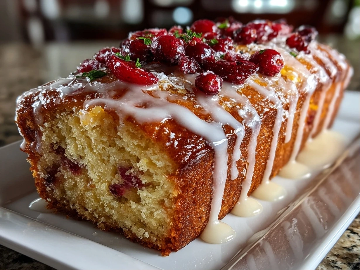 Finished cranberry orange bread with glaze on a cooling rack.