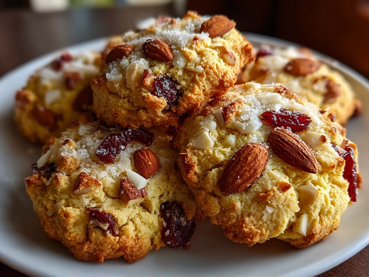 Finished Almond Cherry Cookies on a plate.