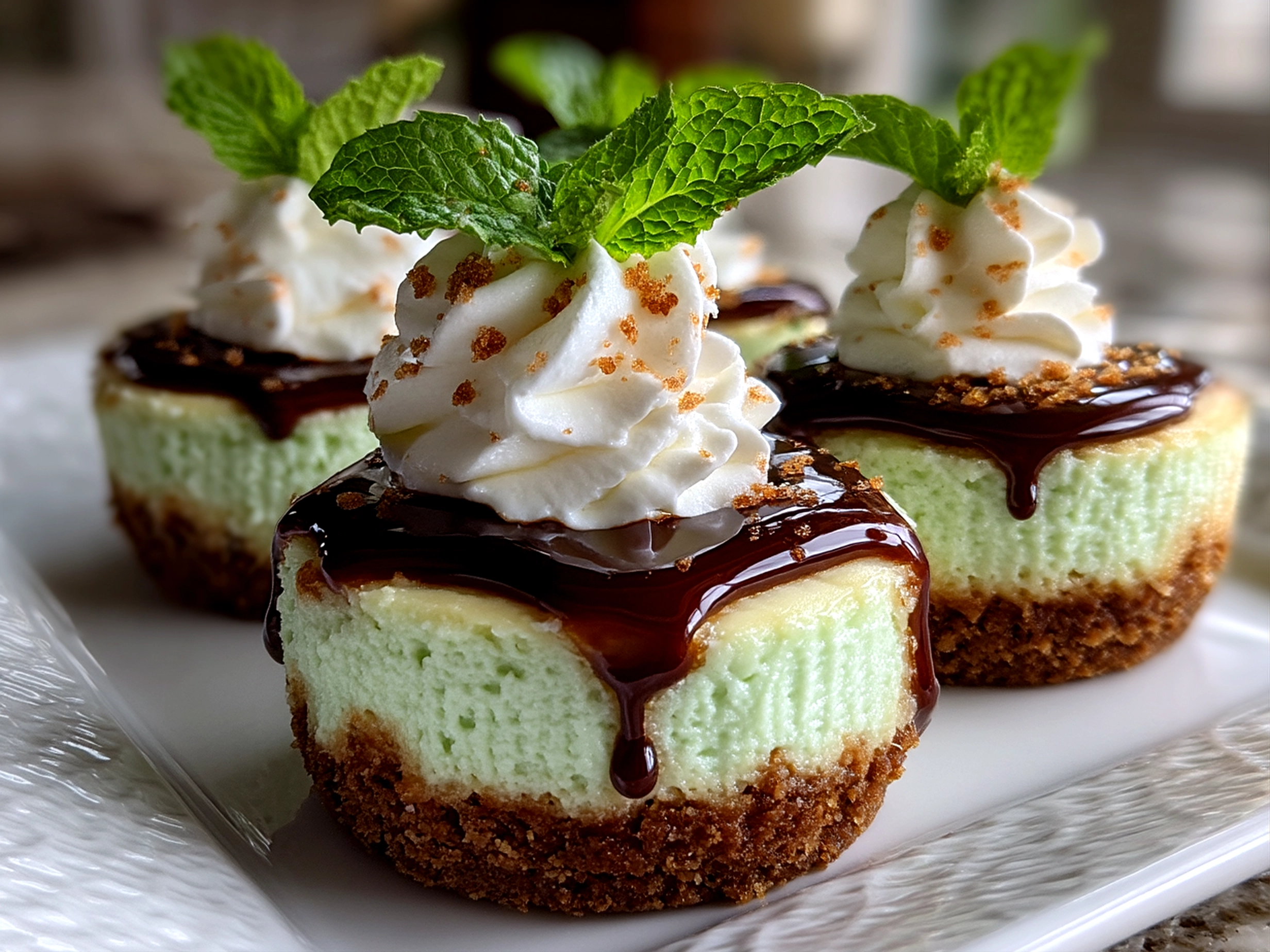 Close-up of finished Andes Mint Mini Cheesecakes showing creamy layers and mint garnish