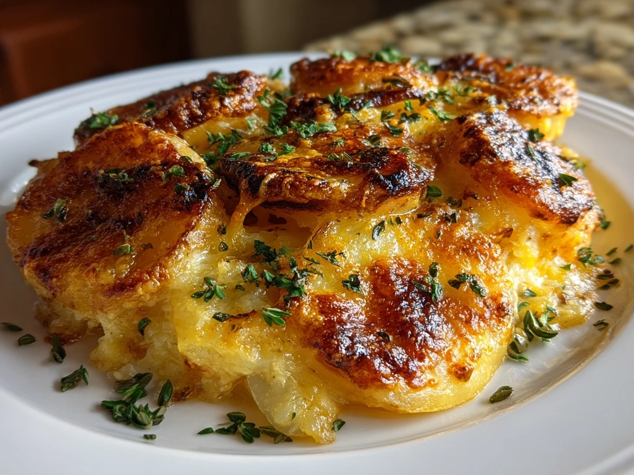 Deliciously baked Cajun Scalloped Potatoes, golden and bubbly, garnished with fresh herbs.