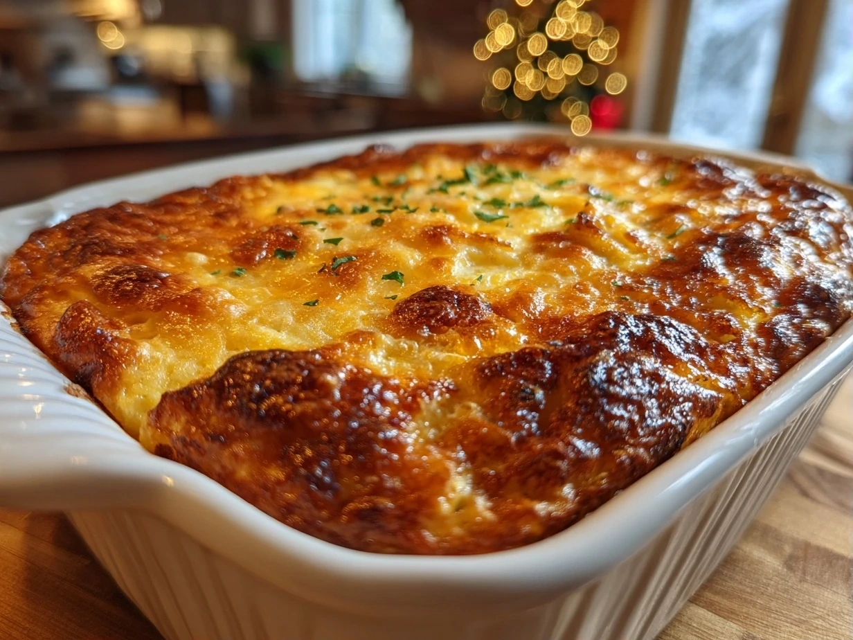 Close-up of finished cheesy breakfast casserole with golden brown crust and melted cheese