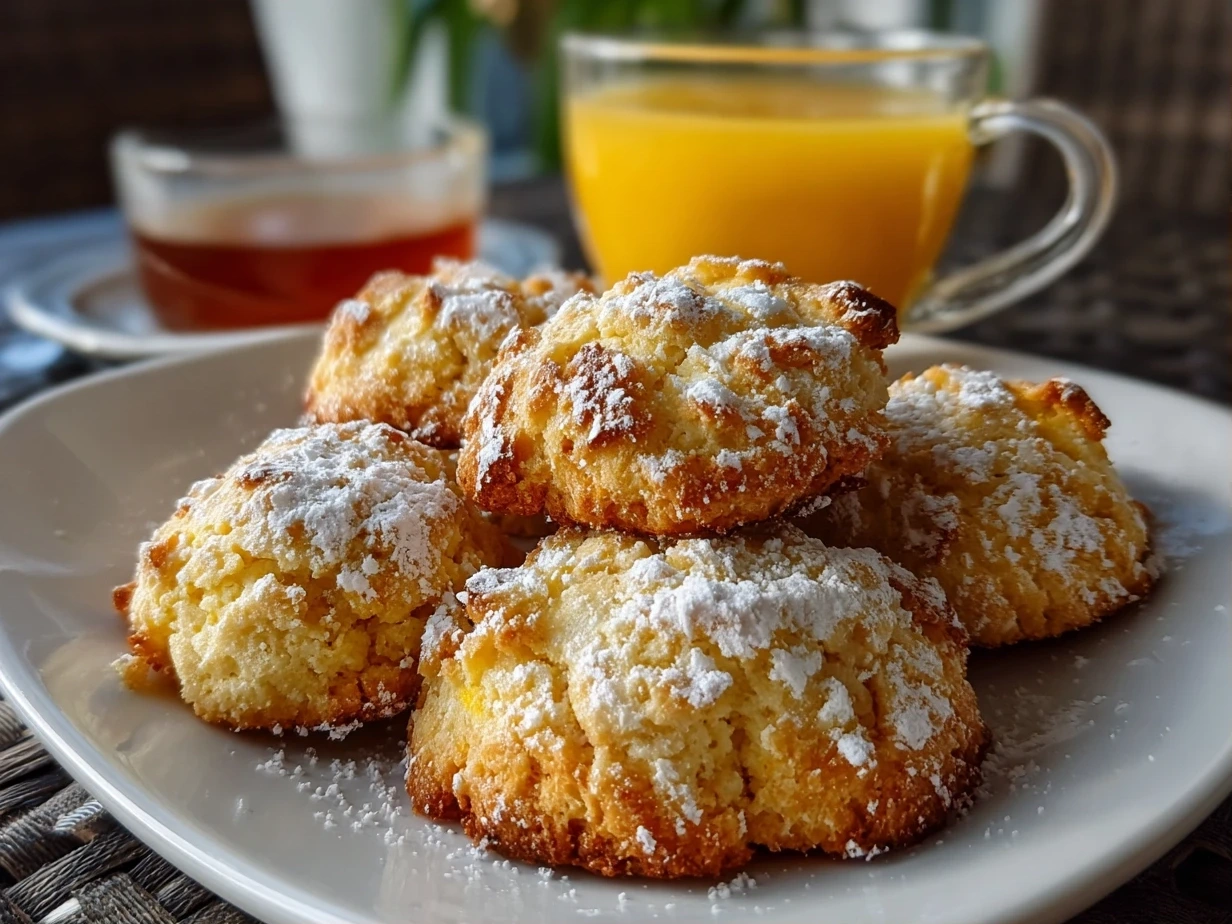 A plate of finished Christmas Cookies with Orange Juice, showcasing their golden color and slightly crackled surface.