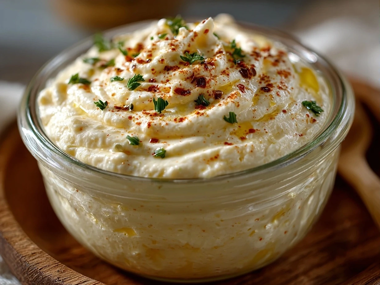 Close-up of finished creamy horseradish sauce in a bowl ready to serve