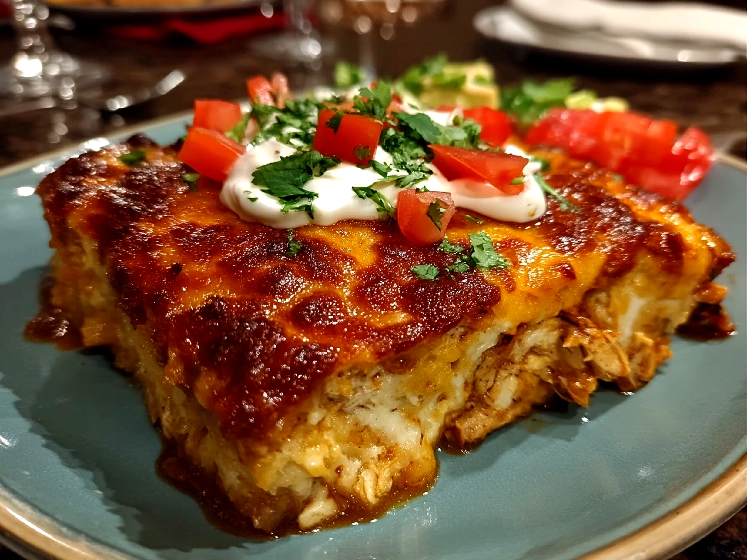 Close-up of finished Crockpot Chicken Enchilada Casserole showing melted cheese and cilantro garnish