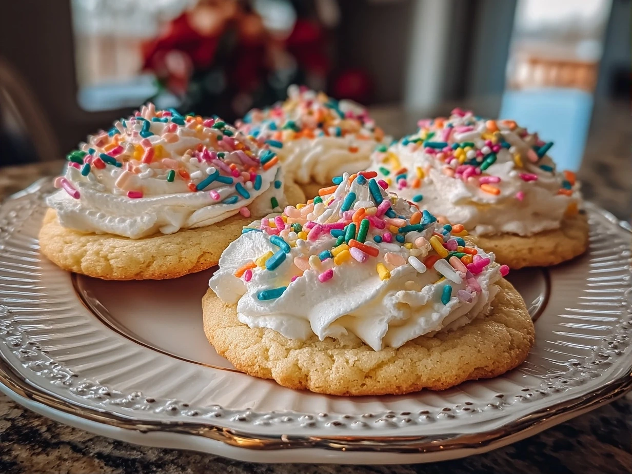 Close-up of finished Frosted Lofthouse Cookies with vanilla buttercream frosting