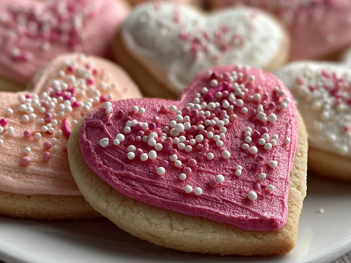 Finished Frosted Heart Sugar Cookies arranged on a platter with sprinkles and frosting