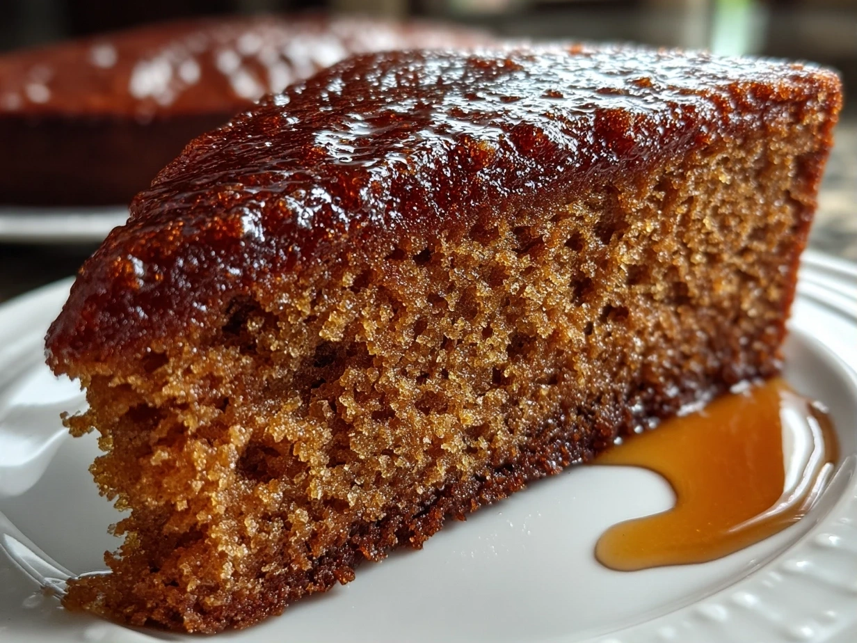 Close up of a slice of finished gingerbread cake.