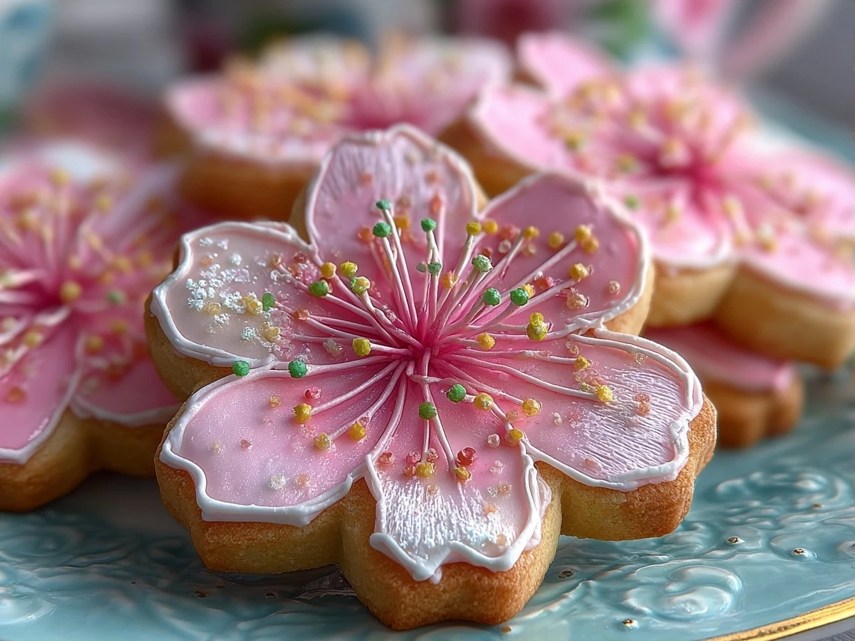 Close up of finished homemade cherry blossom cookies on a decorative plate