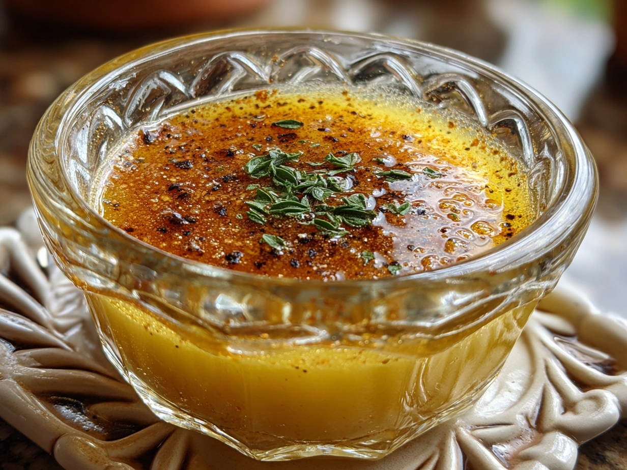 Close-up of finished lemon vinaigrette in a small jar, highlighting its creamy texture and fresh herbs