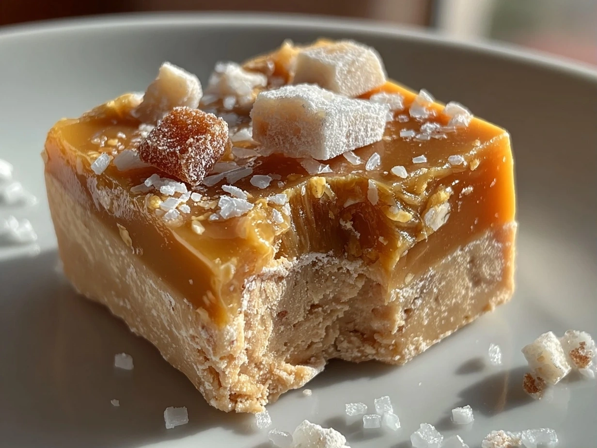 Finished Old-Fashioned Gumdrop Nougat Candy cut into squares and dusted with powdered sugar.