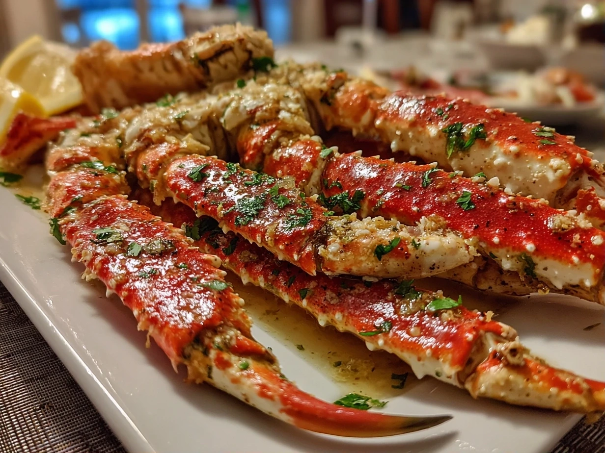 Finished oven baked snow crab legs on a platter with lemon wedges and herbs