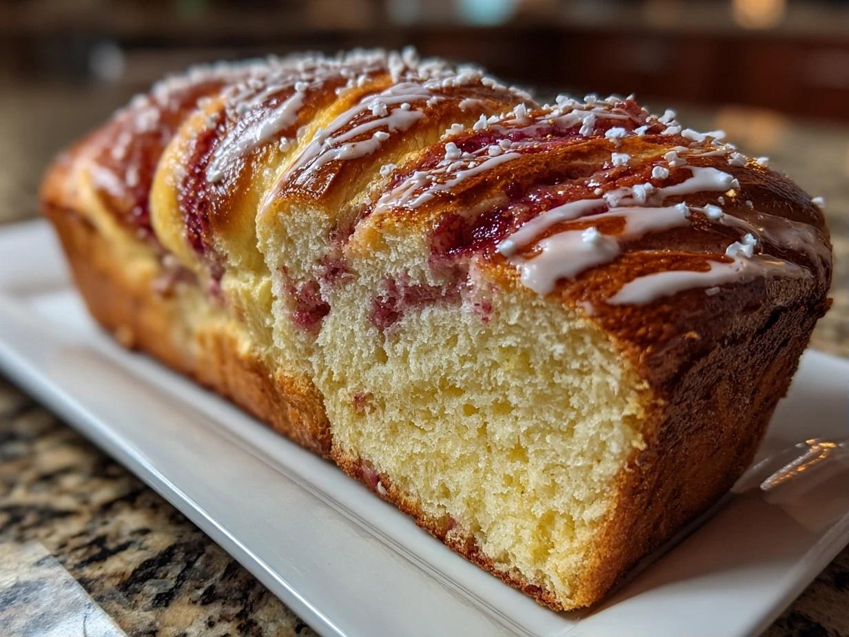 Finished Raspberry Swirl Brioche Loaf with a golden-brown crust and visible raspberry swirl.