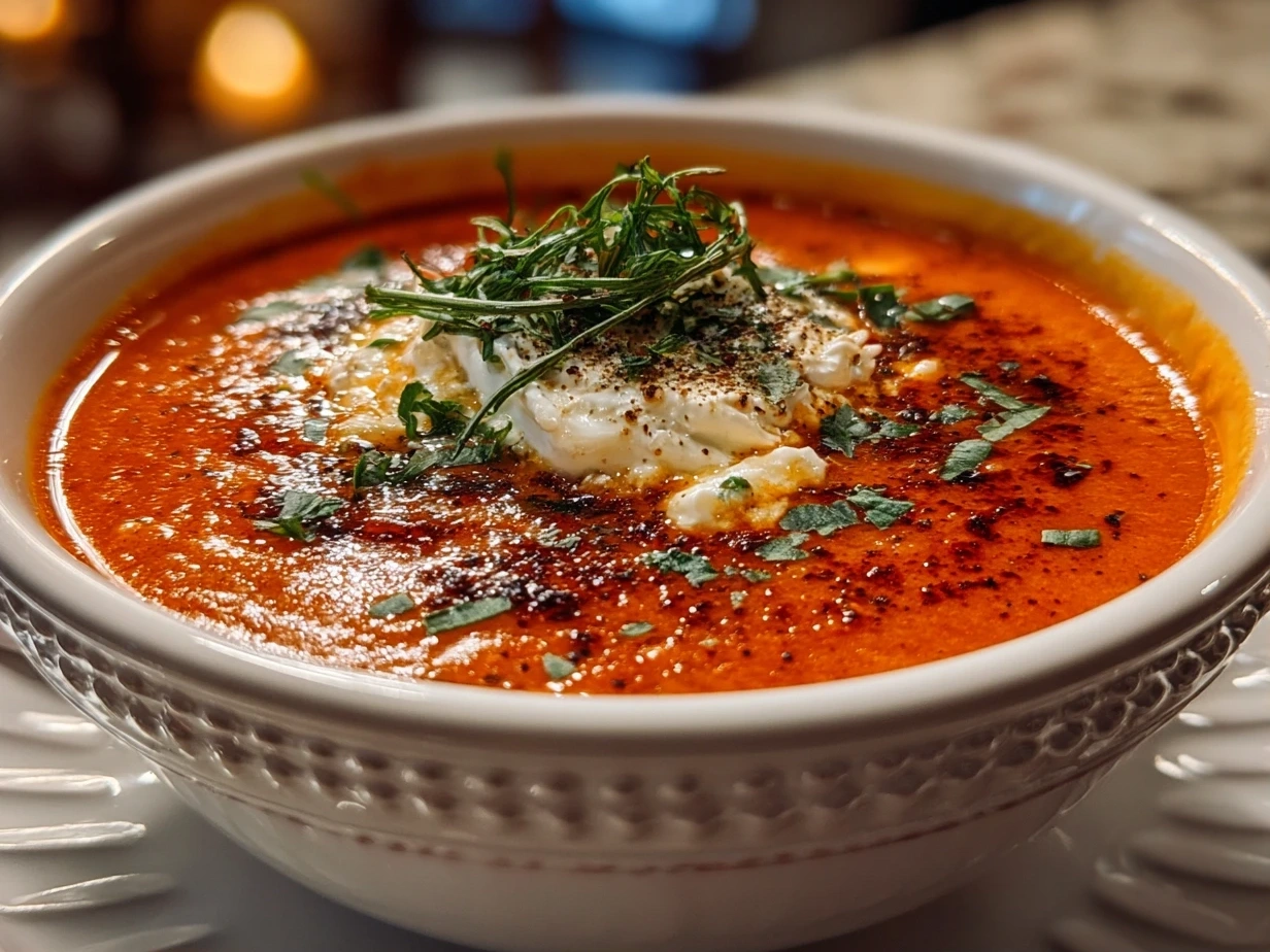 Close-up of finished Roasted Red Pepper Gouda Soup serving with garnish