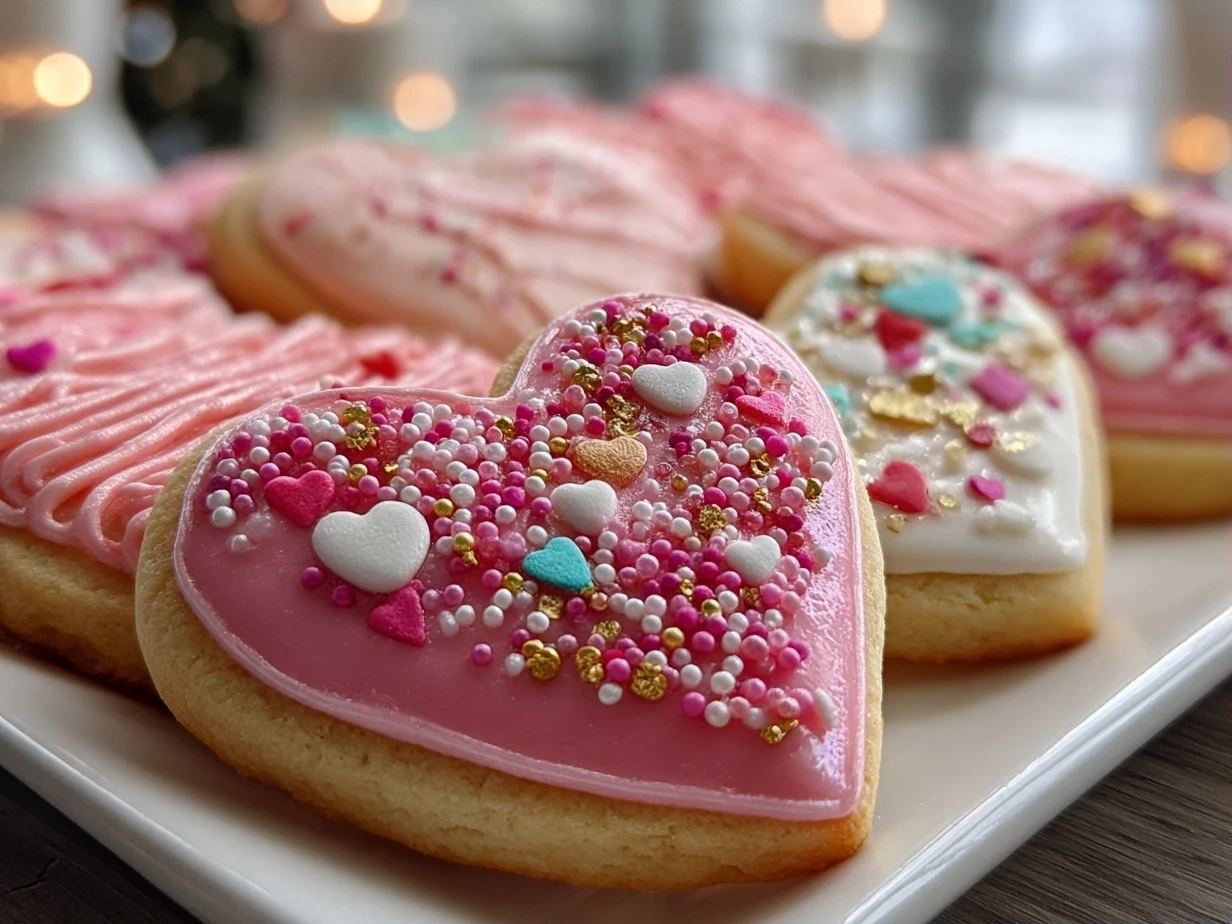 Close-up image of freshly baked and beautifully decorated Valentine Sugar Cookies
