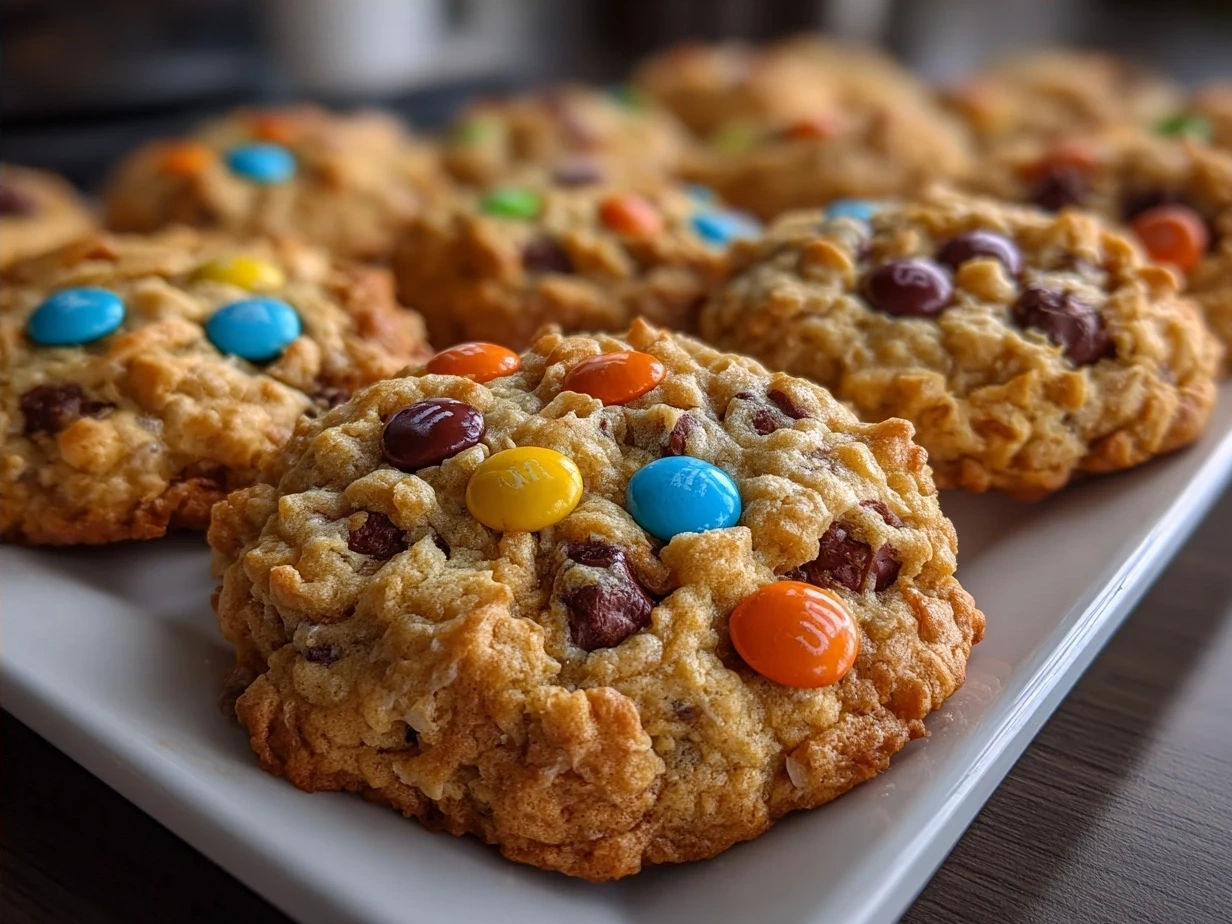 Freshly baked Flourless Monster Cookies on a rustic wooden board with colorful chocolate candies
