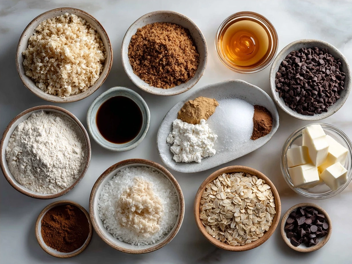 Ingredients for Flourless Monster Cookies including peanut butter, oats, brown sugar, egg, baking soda, vanilla, chocolate candies, and nuts