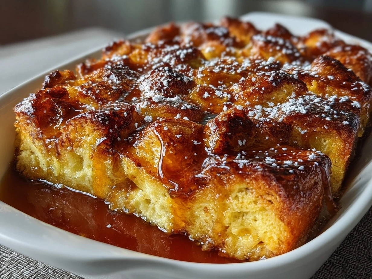 A finished French Toast Casserole baked golden and ready to serve