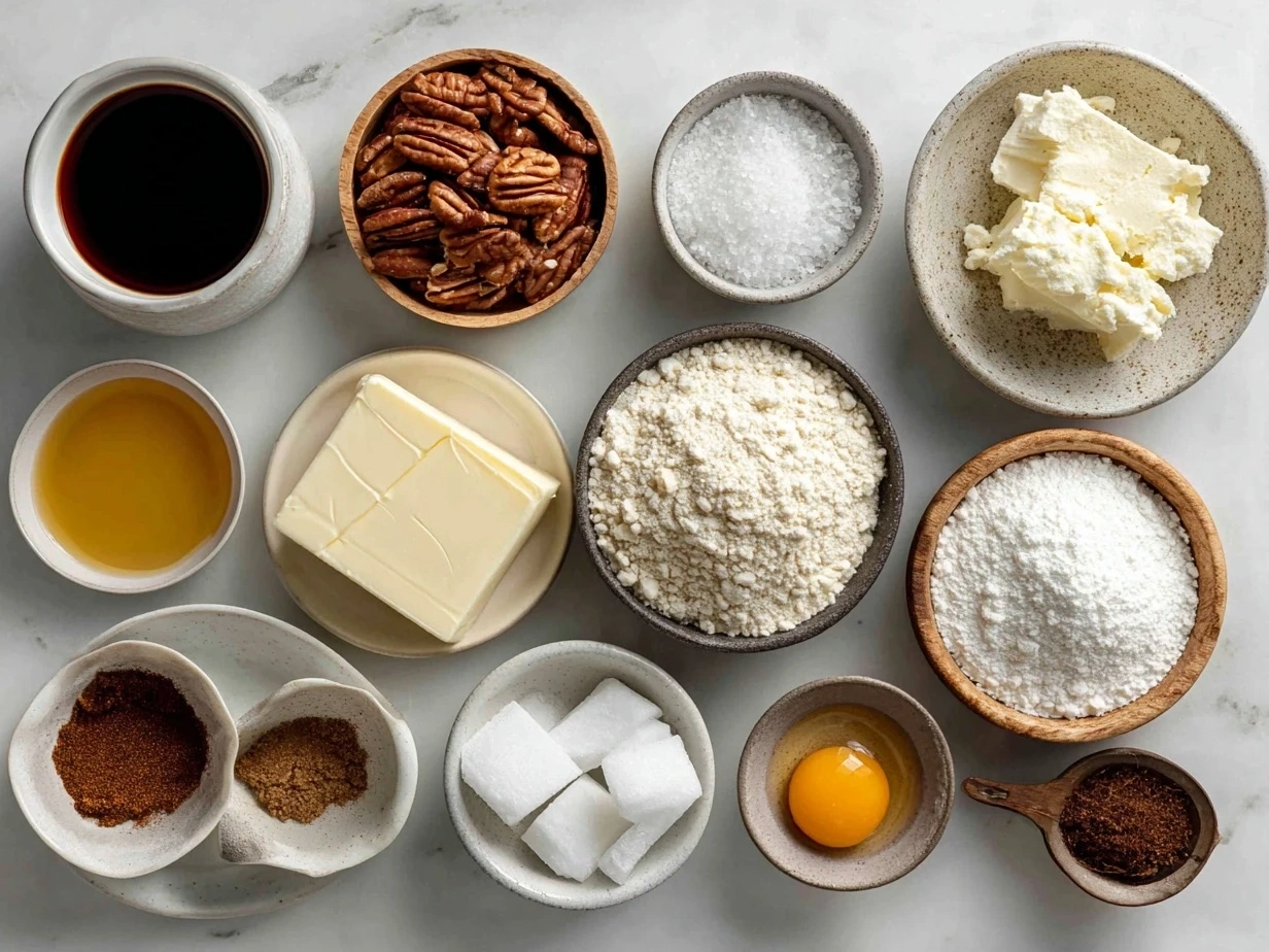 Ingredients for French Toast Casserole laid out on a table including eggs, bread, milk, cream, and spices