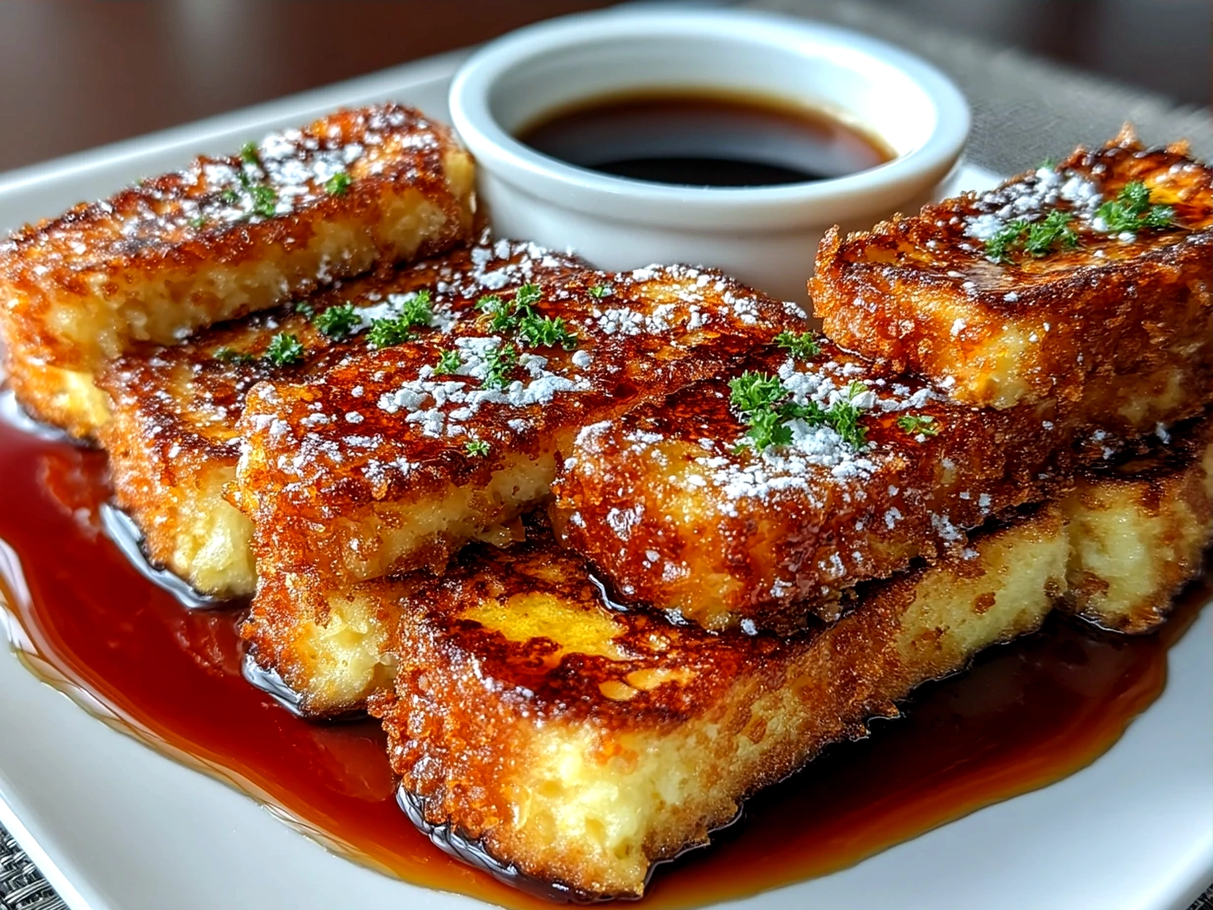 Stacked French toast sticks served with syrup and fresh berries