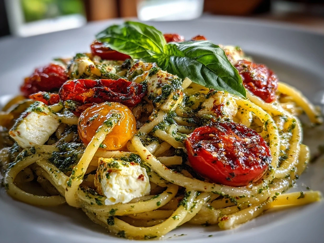 Fresh homemade TikTok Baked Feta Pasta with Pesto
