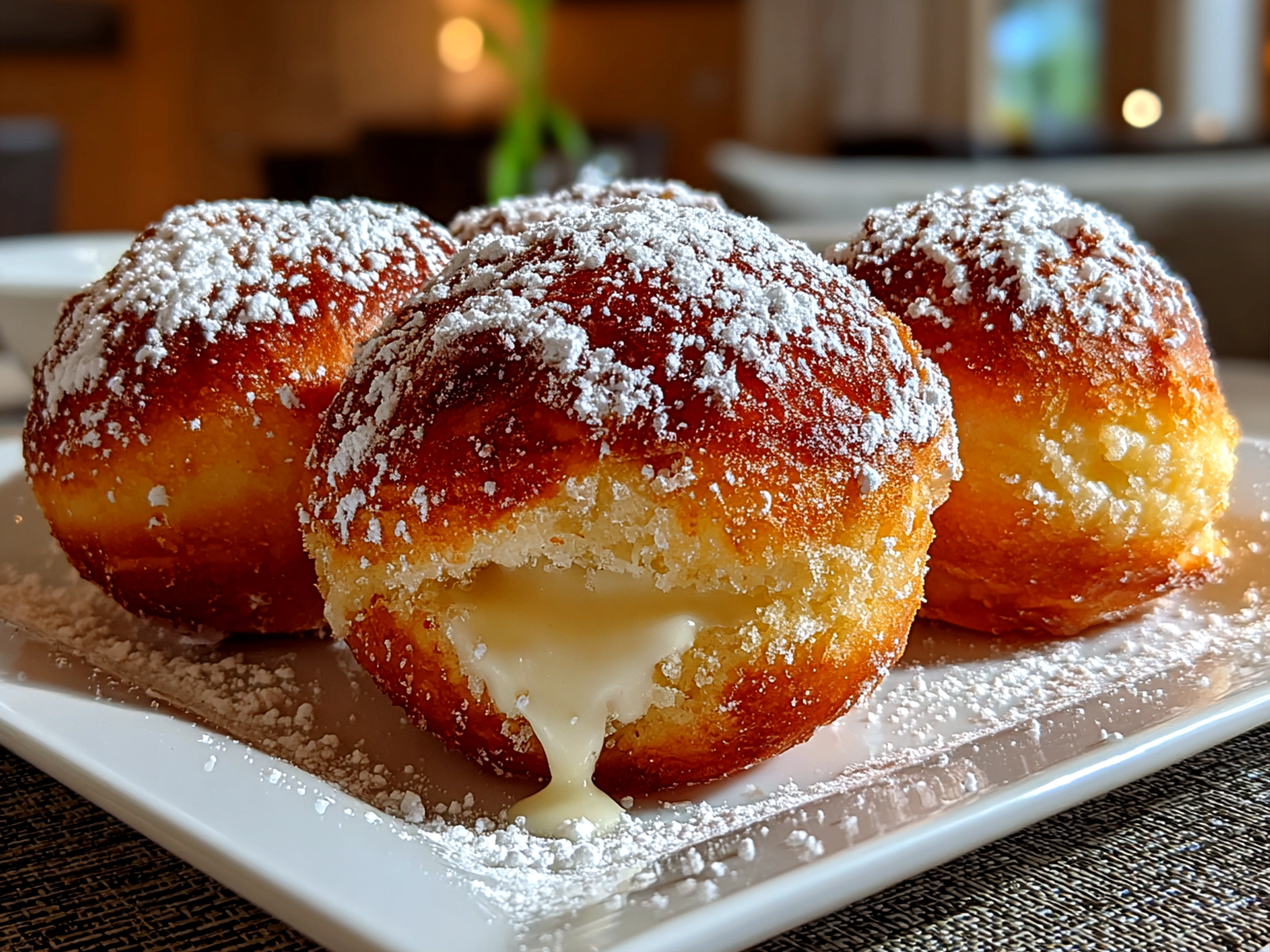 Freshly prepared Bomboloni alla Crema on a white plate