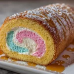 Freshly prepared Cotton Candy Swiss Cake Roll on white plate