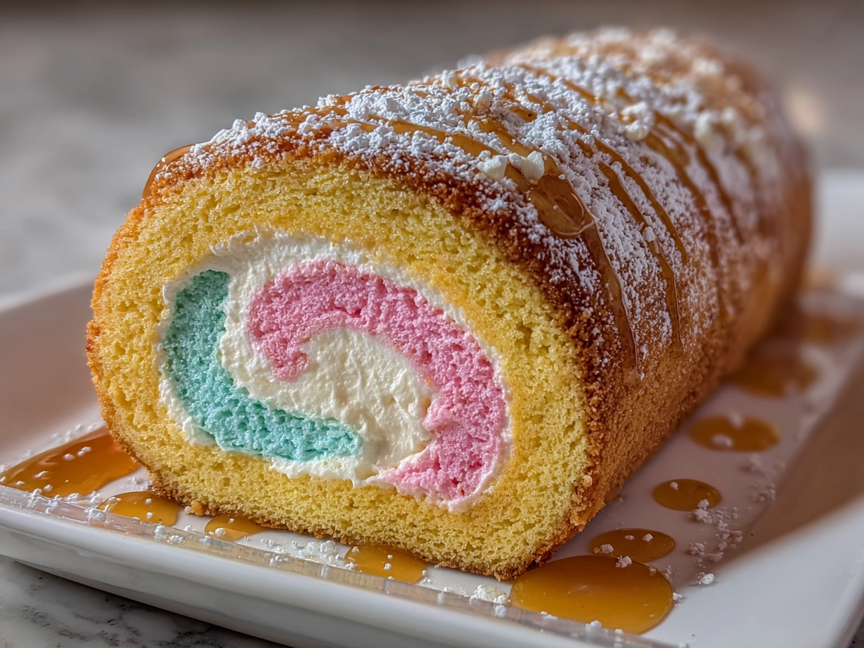 Freshly prepared Cotton Candy Swiss Cake Roll on white plate