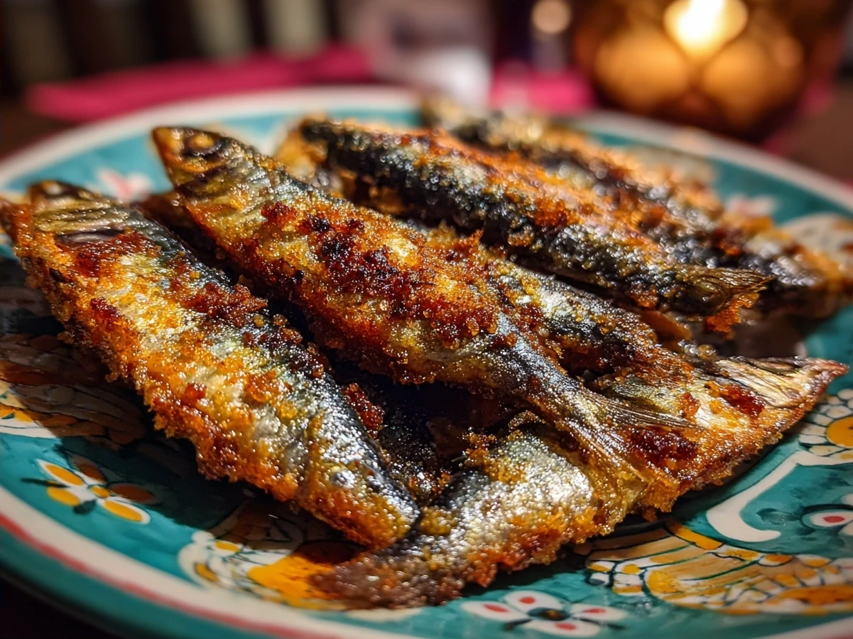 Hot served Fried Sardines garnished with lemon wedges and fresh parsley