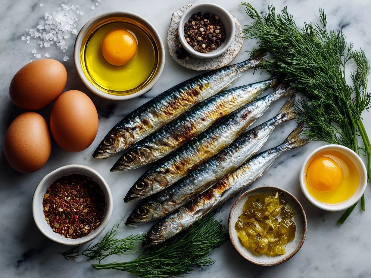 Ingredients for Fried Sardines including fresh sardines, flour, smoked paprika, olive oil, lemon wedges, and parsley
