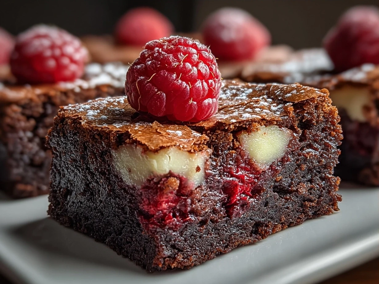 Plated Fudgy Raspberry Swirl Brownies with Fresh Berries, topped with fresh raspberries and mint leaf