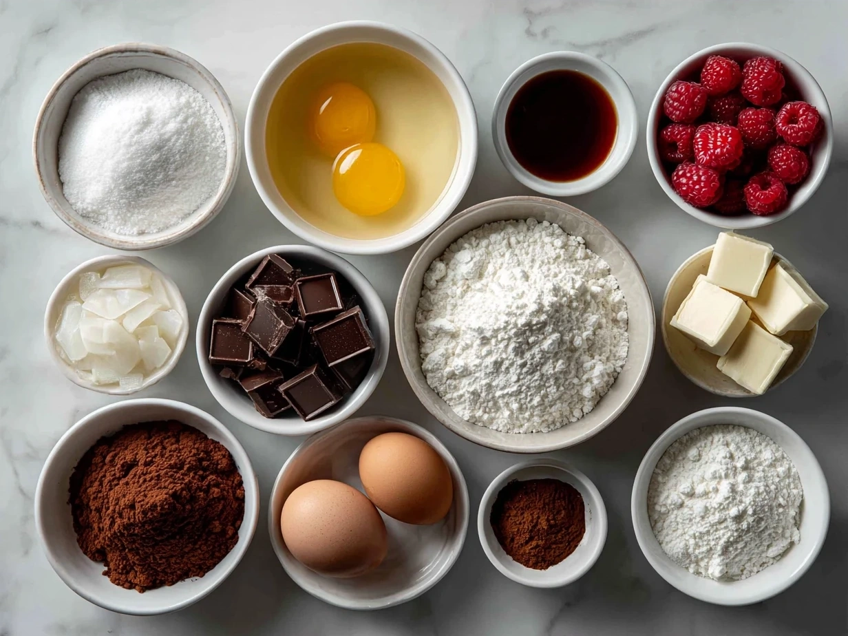 Ingredients for Fudgy Raspberry Swirl Brownies with Fresh Berries including butter, sugar, eggs, cocoa powder, raspberries, and more