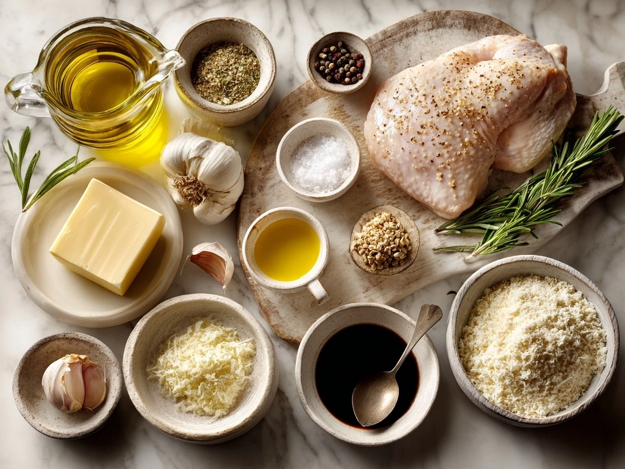 Ingredients for Garlic Parmesan Chicken Recipe: chicken breasts, Parmesan cheese, garlic, flour, spices, olive oil, heavy cream, and butter