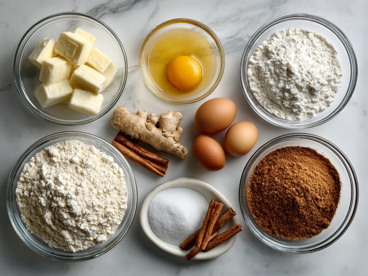 Gingerbread cake ingredients: flour, spices, butter, sugar, eggs, and molasses.