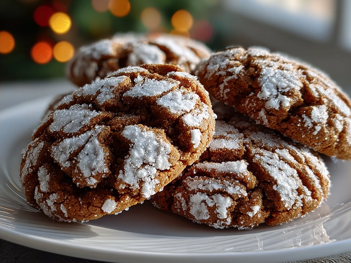 A plate of freshly baked Gingerbread Crinkle Cookies cracking on the surface, perfect for sharing with family