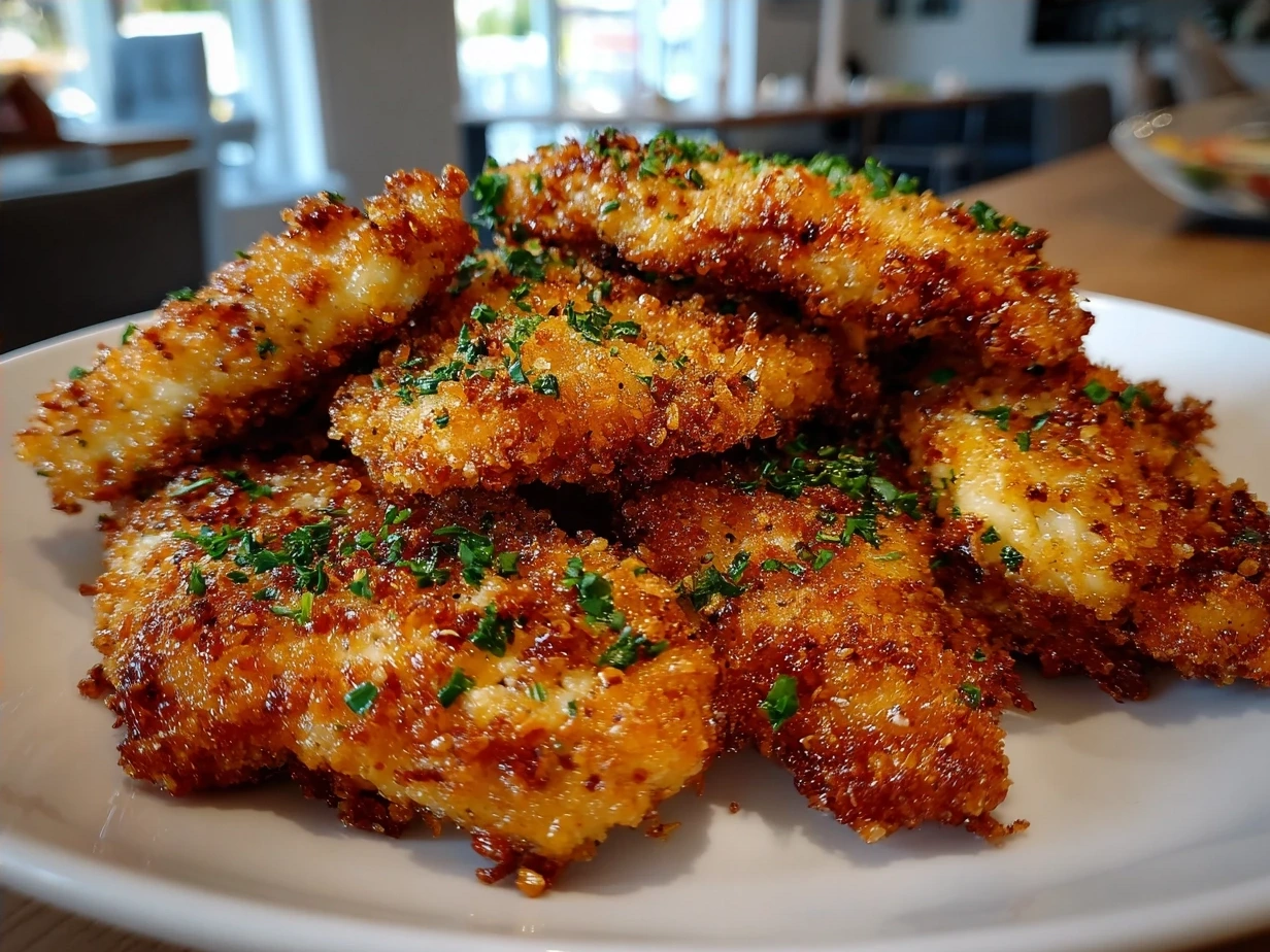 Final plated gluten free chicken tenders with a crispy golden crust