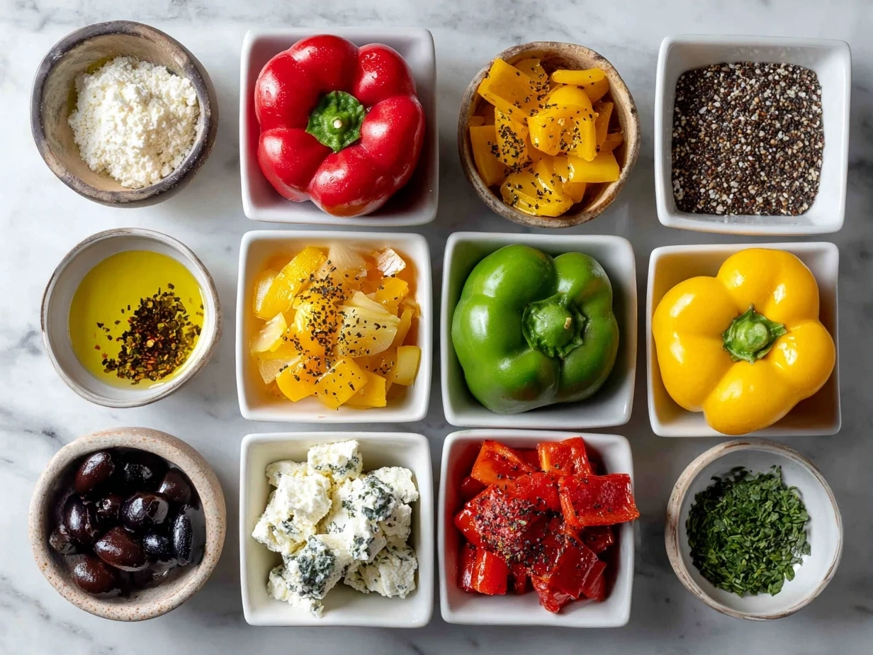 Ingredients for Goat Cheese Stuffed Mini Peppers including mini peppers, goat cheese, olive oil, herbs, and spices