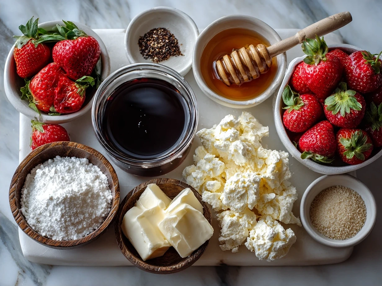 Ingredients for Gourmet Mascarpone Strawberry Grilled Cheese with Balsamic Glaze including sourdough bread, mascarpone cheese, fresh strawberries, balsamic glaze, butter, basil leaves, black pepper, and honey