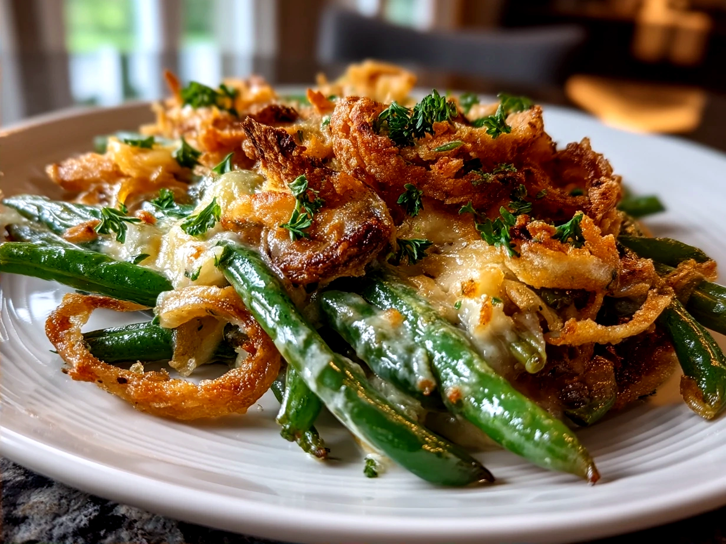 Served Green Bean Casserole with crispy fried onions on top